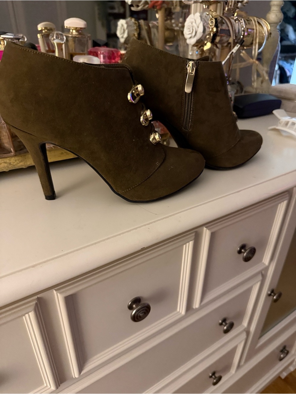 Women's Olive Suede High-Heel Ankle Booties with Gold Accents